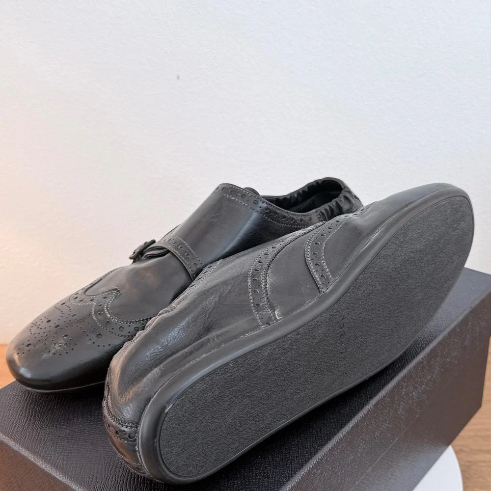 Prada 2EG469 Mens Leather Double Monk Strap Wingtip Shoes Grey Black UK 9
